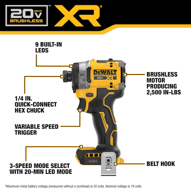 DEWALT XR 20-volt max 1/4-in Brushless Cordless Impact Driver (Battery Not Included and Charger Not Included )